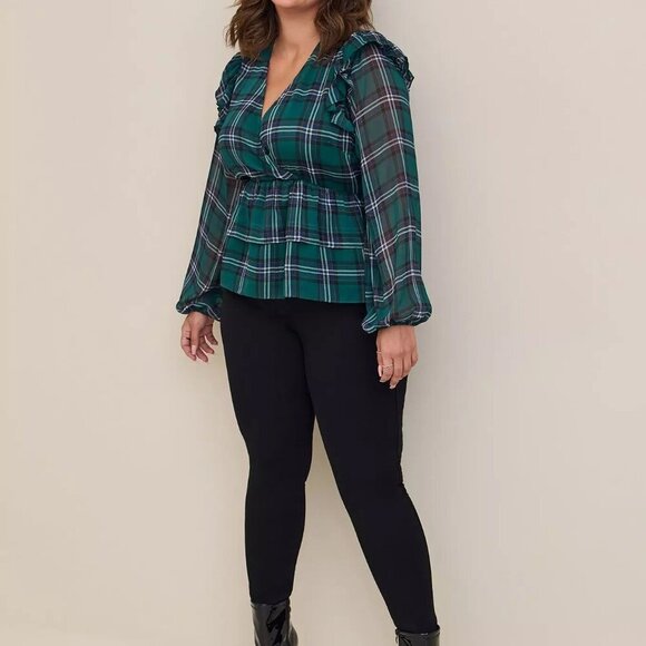torrid Chiffon Ruffled Surplice Plaid Green Crop Top Sz 1 - Picture 5 of 7